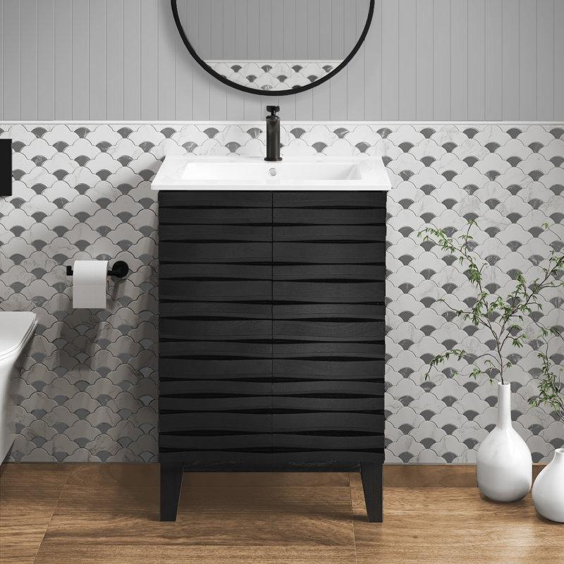 Siyah MDF Yavaş Kapanır Kapaklı Ayaklı Banyo Lavabo Dolabı - 61 cm - 201484
