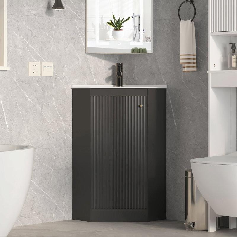 Siyah MDF Yavaş Kapanır Kapaklı Köşe Banyo Lavabo Dolabı - 57x35 cm - 198369