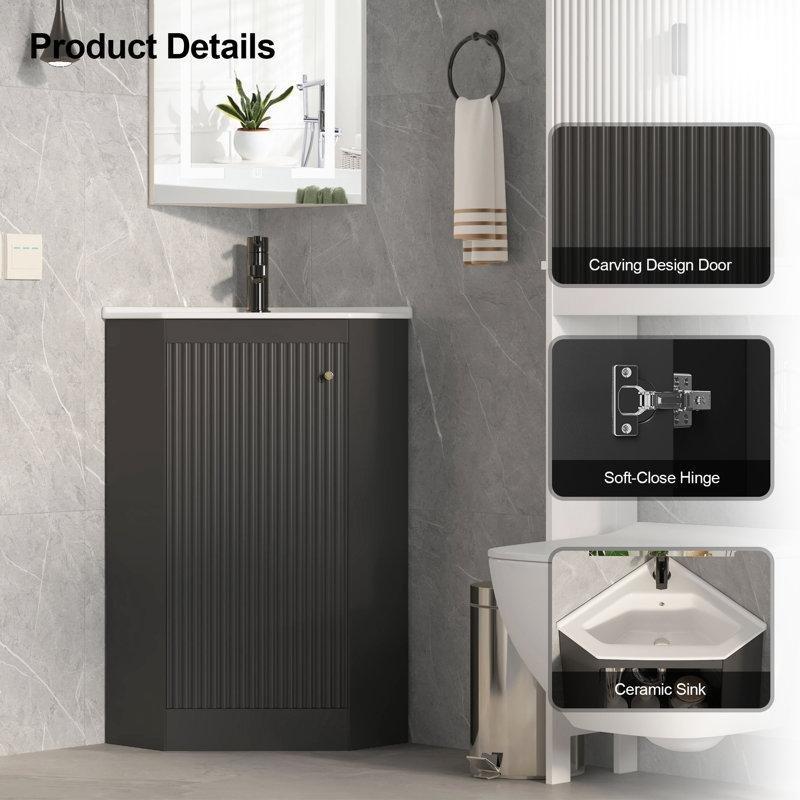 Siyah MDF Yavaş Kapanır Kapaklı Köşe Banyo Lavabo Dolabı - 57x35 cm - 198369