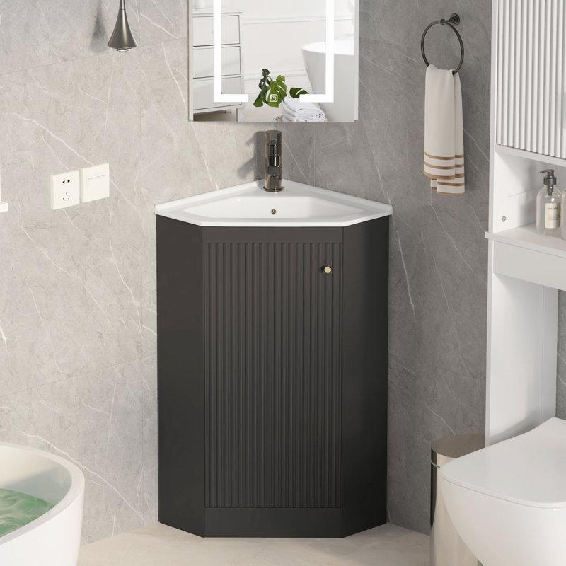 Siyah MDF Yavaş Kapanır Kapaklı Köşe Banyo Lavabo Dolabı - 57x35 cm - 198369