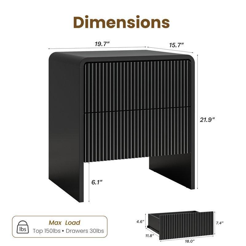 Siyah MDF Yivli 2 Çekmeceli İkili Set Komodin - 51x56 cm - 223720