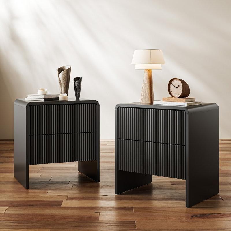 Siyah MDF Yivli 2 Çekmeceli İkili Set Komodin - 51x56 cm - 223720