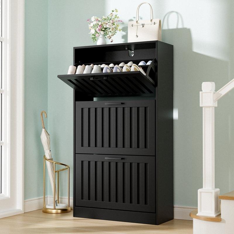 Siyah MDF Yivli 3 Düşer Kapaklı Metal Ayaklı Ayakkabılık - 60x25x117 cm - 229295