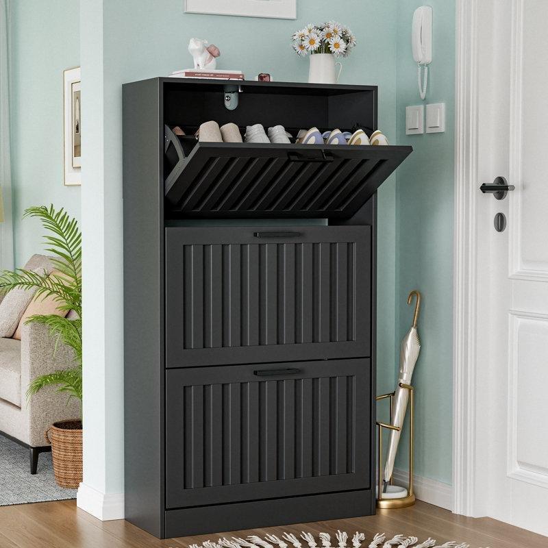 Siyah MDF Yivli 3 Düşer Kapaklı Metal Ayaklı Ayakkabılık - 60x25x117 cm - 229295