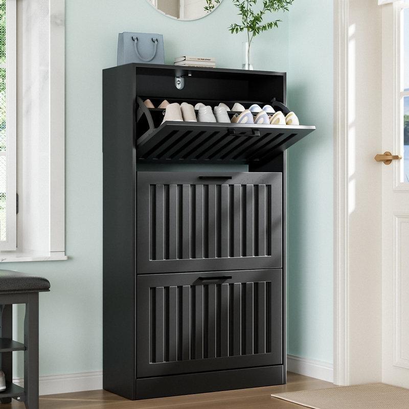 Siyah MDF Yivli 3 Düşer Kapaklı Metal Ayaklı Ayakkabılık - 60x25x117 cm - 229295
