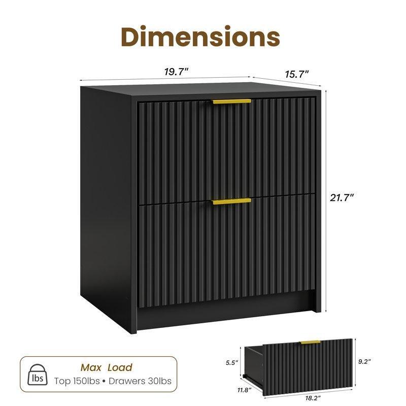 Siyah MDF Yivli İki Çekmeceli İkili Set Komodin - 223642