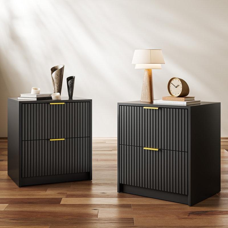 Siyah MDF Yivli İki Çekmeceli İkili Set Komodin - 223642