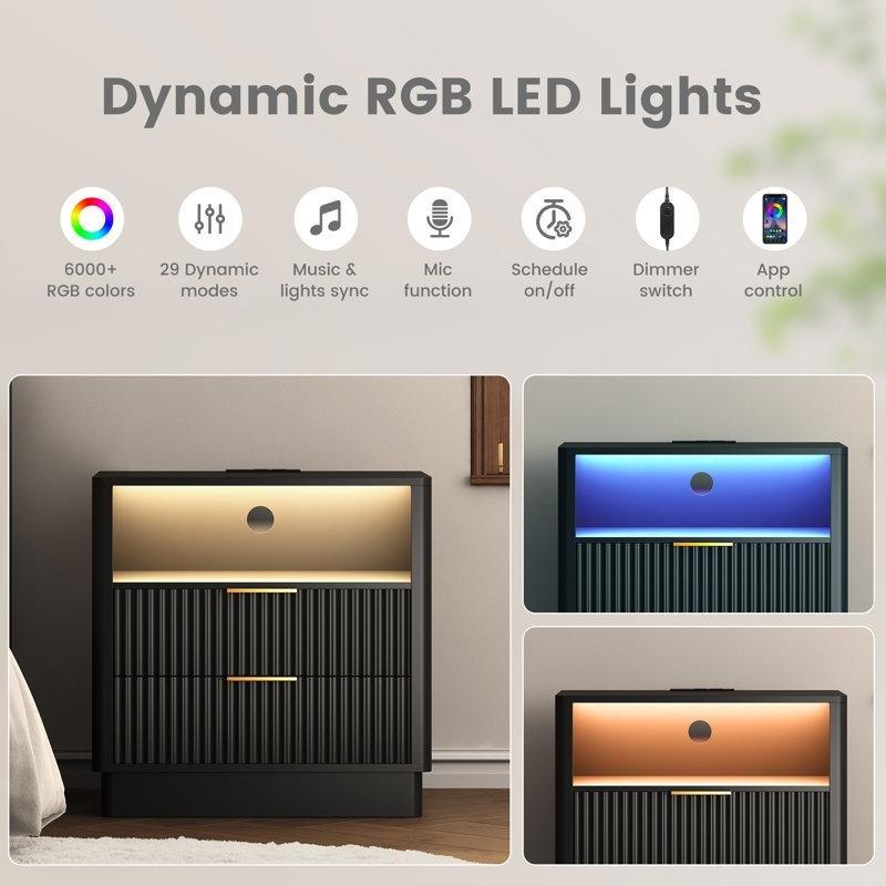 Siyah MDF Yivli LED Işıklı ve Prizli Komodin - 60x60 cm - 223439