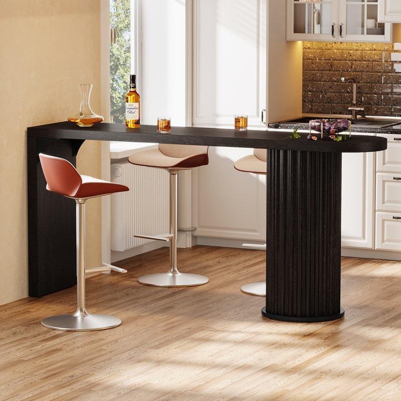 Siyah MDF Yivli Silindir Ayaklı Yarı Kavisli Bar Masası - 161x41 cm - 231581