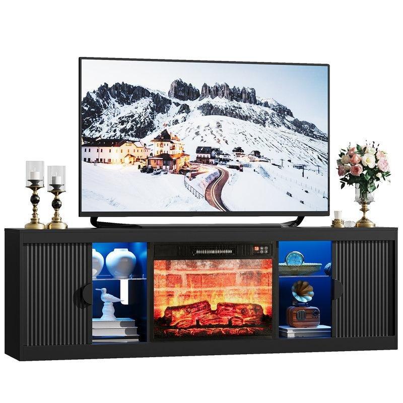 Siyah MDF Yivli Sürgülü Kapaklı LED Aydınlatmalı Elektrikli Şömineli TV Ünitesi - 178 cm - 220253