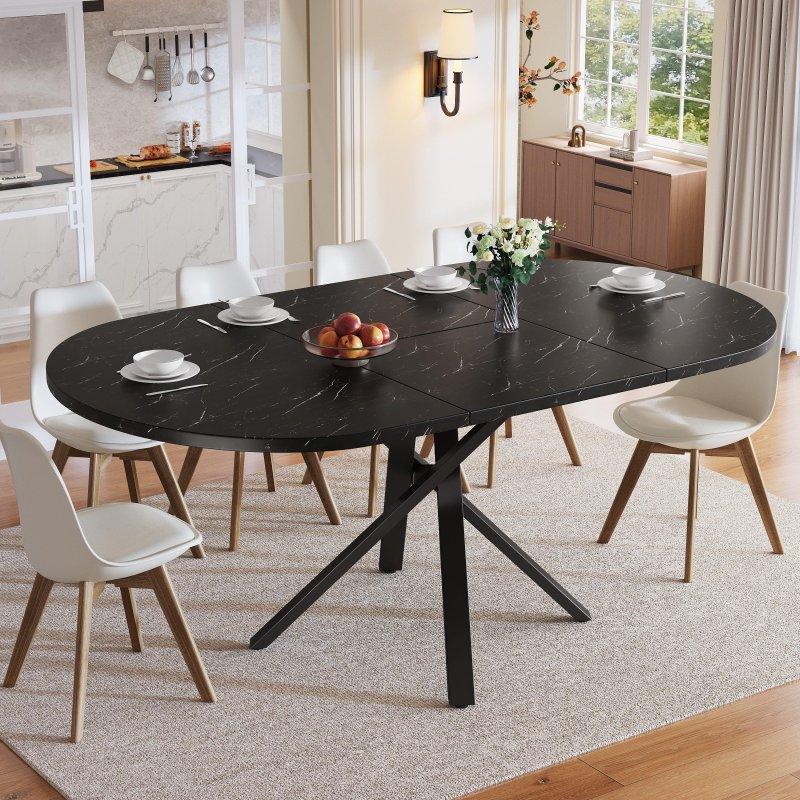 Siyah Mermer Desenli MDF Açılabilir Metal Ayaklı Bohem Yemek Masası - 100-140 cm - 236686