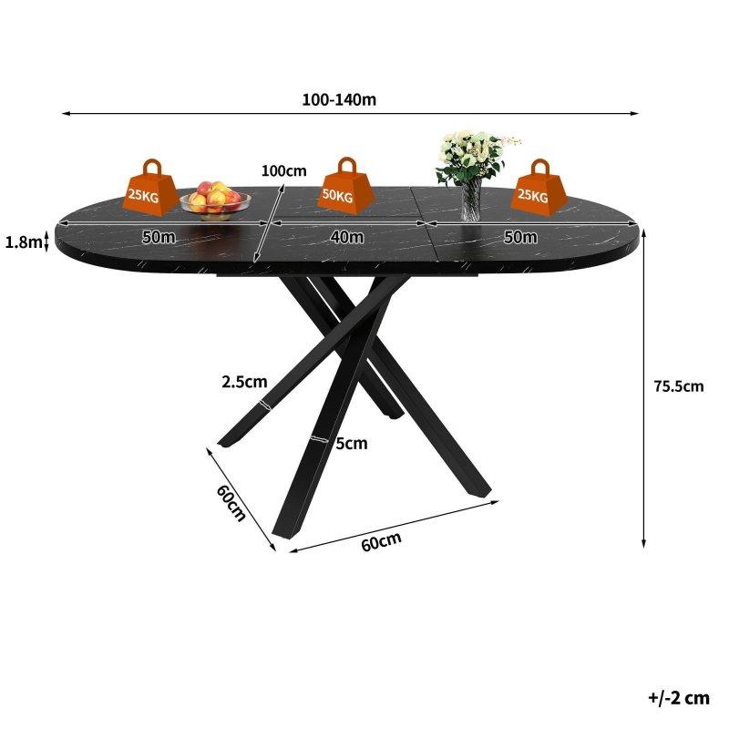 Siyah Mermer Desenli MDF Açılabilir Metal Ayaklı Bohem Yemek Masası - 100-140 cm - 236686