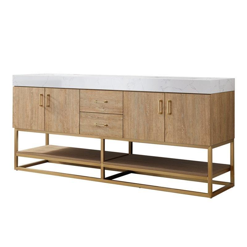 Siyah Meşe Endüstriyel Taş Tezgahlı Paslanmaz Çelik Çift Lavabolu Banyo Dolabı - 183 cm - 198771