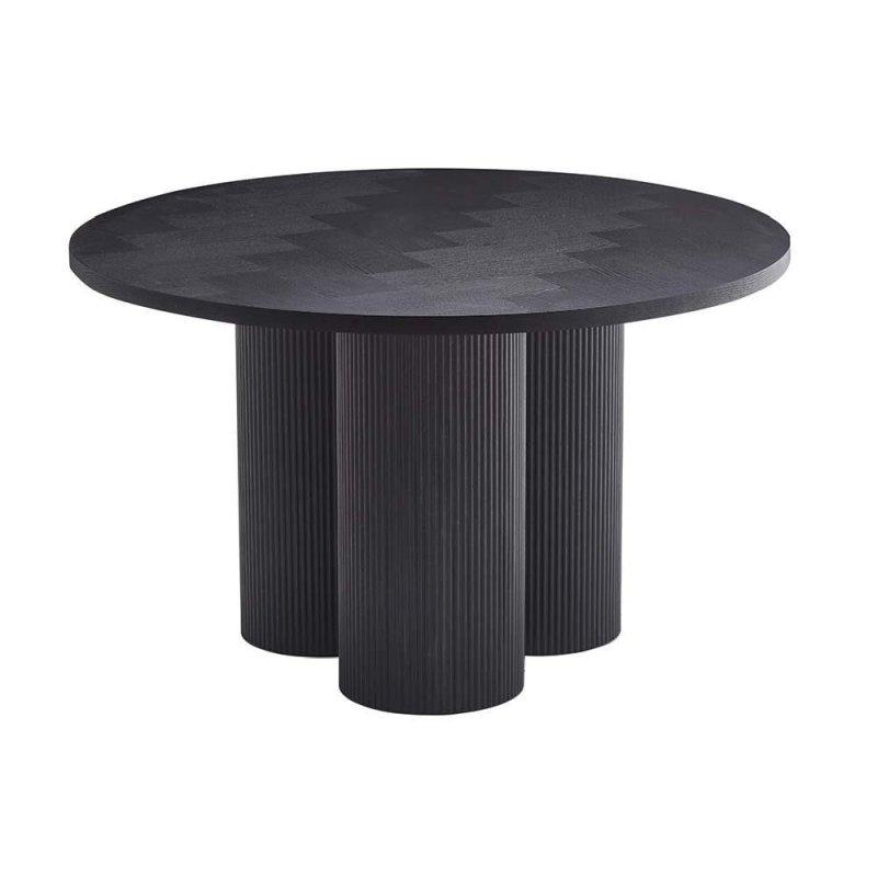 Siyah Meşe Kaplama MDF Balıksırtı Desenli Sütun Ayaklı Yuvarlak Bohem Yemek Masası - 120 cm - 235657
