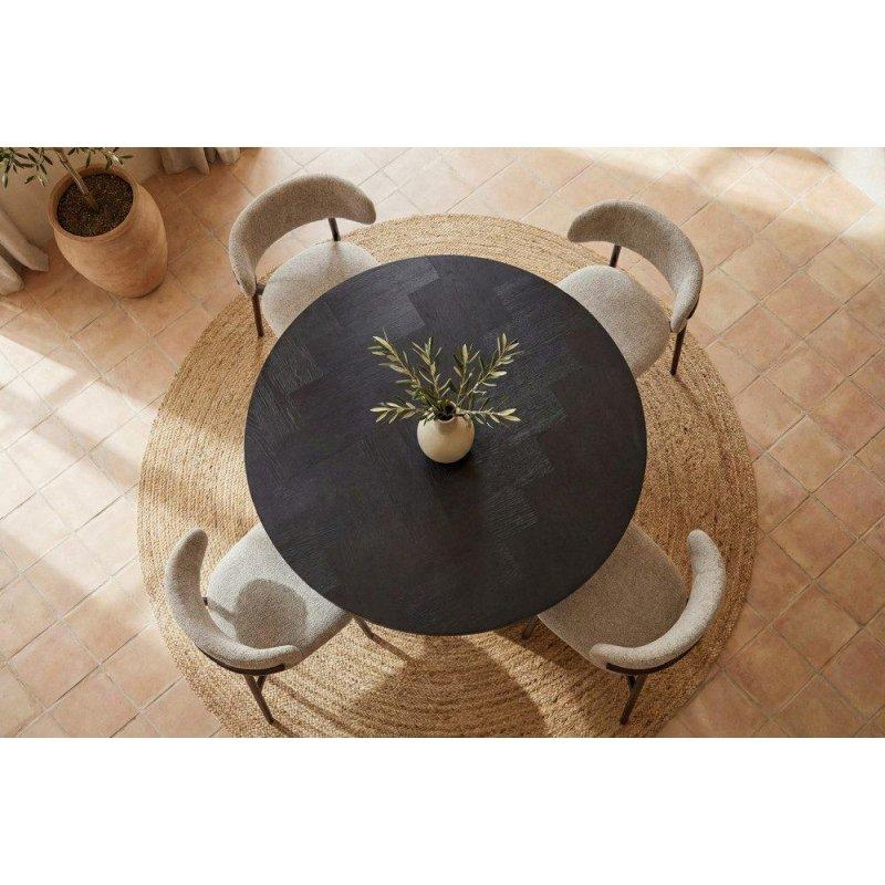 Siyah Meşe Kaplama MDF Balıksırtı Desenli Sütun Ayaklı Yuvarlak Bohem Yemek Masası - 120 cm - 235657