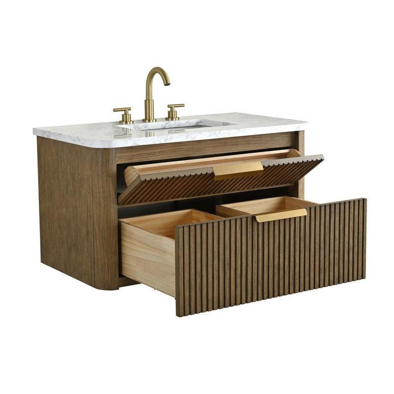 Siyah Meşe Yivli Tasarım Duvara Monte Çekmeceli Banyo Lavabo Dolabı - 92 cm - 198221