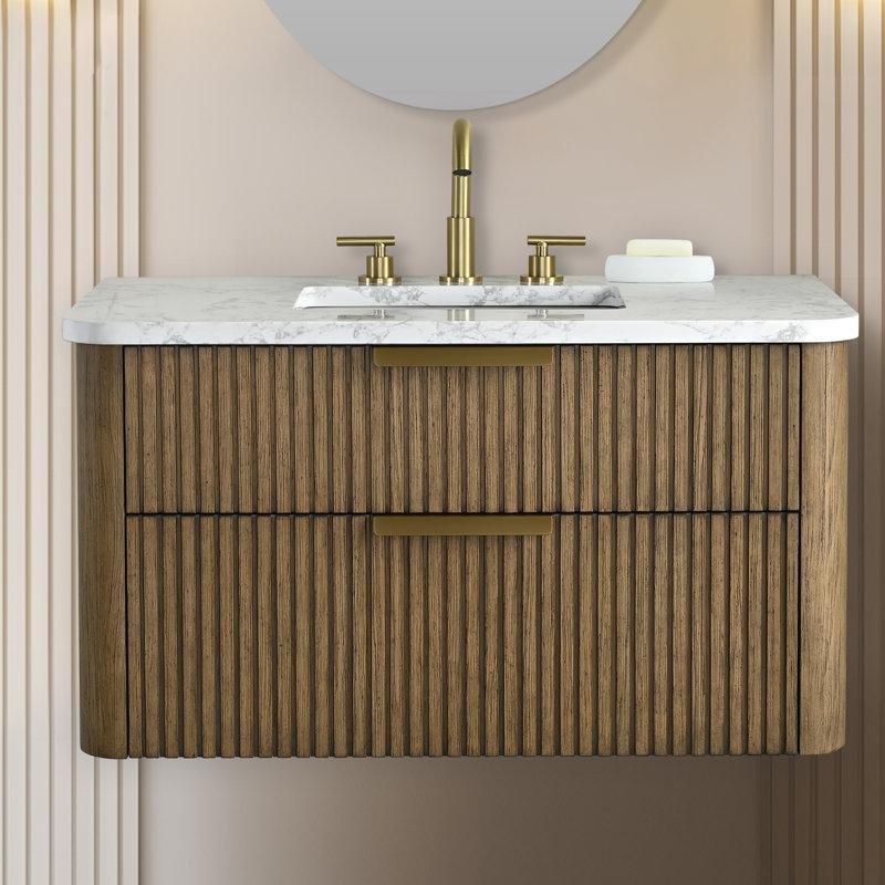 Siyah Meşe Yivli Tasarım Duvara Monte Çekmeceli Banyo Lavabo Dolabı - 92 cm - 198221