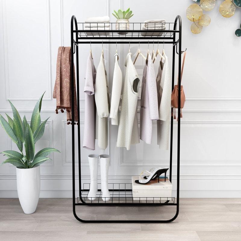 Siyah Metal 2 Askı Çubuklu Raflı Ayaklı Askılık - 84 cm - 165430
