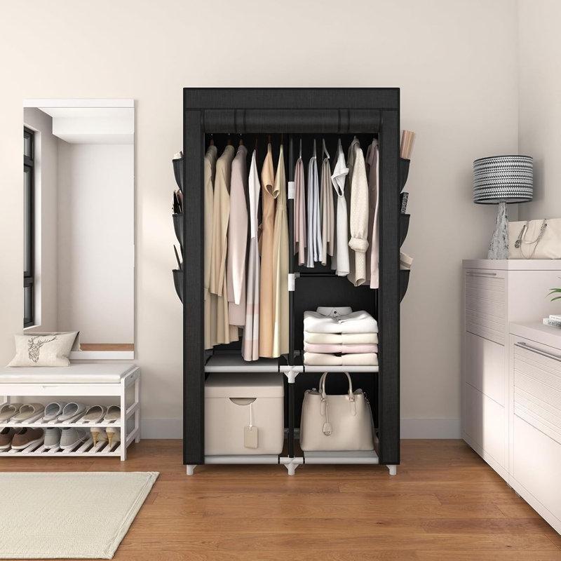 Siyah Metal 2 Askılı 4 Raflı 6 Cepli Portatif Bez Dolap - 174x88x45 cm - 182829