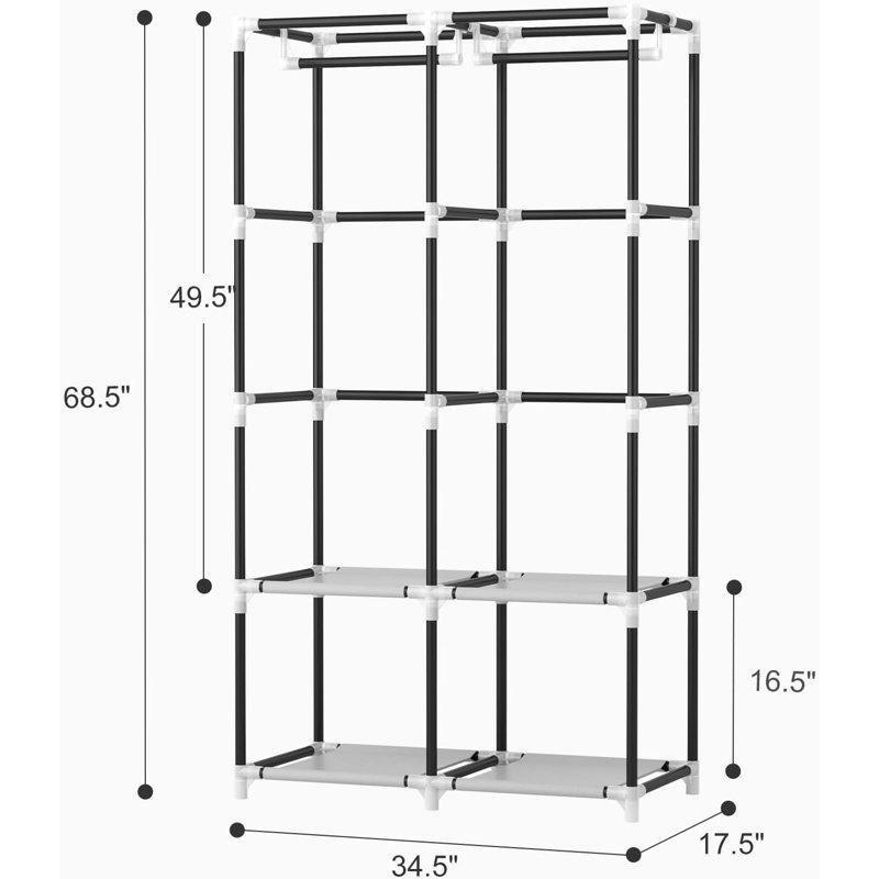 Siyah Metal 2 Askılı 4 Raflı 6 Cepli Portatif Bez Dolap - 174x88x45 cm - 182829