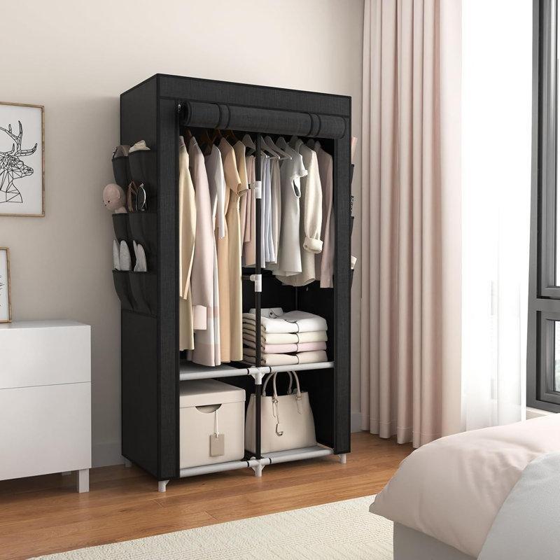 Siyah Metal 2 Askılı 4 Raflı 6 Cepli Portatif Bez Dolap - 174x88x45 cm - 182829