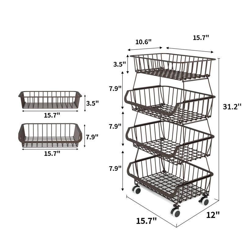 Siyah Metal 4 Katlı İstiflenebilir Tekerlekli Sebzelik - 40x31x80 cm - 177765
