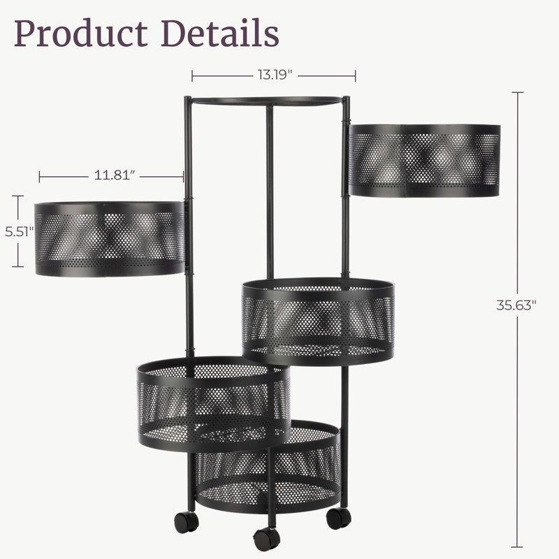 Siyah Metal 5 Katlı Dönen Tekerlekli Sebzelik - 91x34x34 cm - 178033