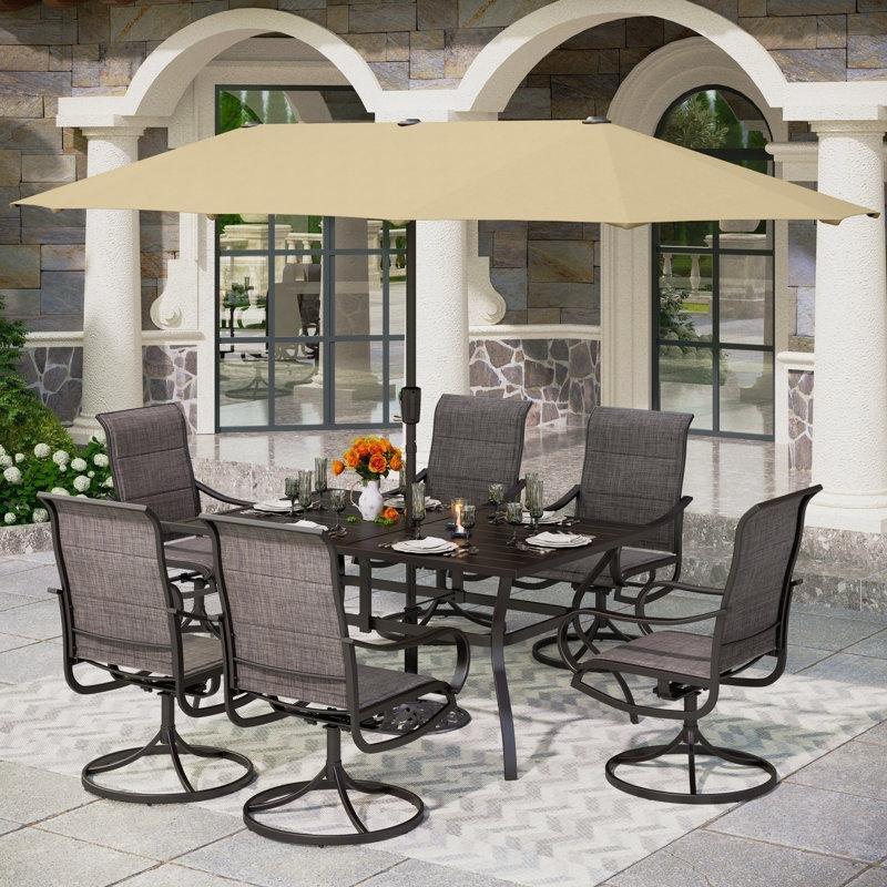 Siyah Metal 6 Kişilik Döner Sandalyeli ve Şemsiyeli Bahçe Masa Takımı - 153x97 cm - 213757
