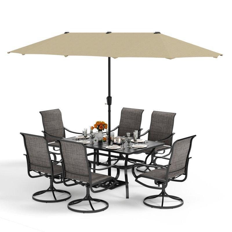 Siyah Metal 6 Kişilik Döner Sandalyeli ve Şemsiyeli Bahçe Masa Takımı - 153x97 cm - 213757