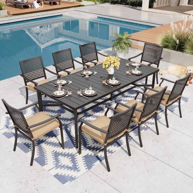 Siyah Metal 8 Kişilik İstiflenebilir Sandalyeli Şemsiye Delikli Bahçe Masa Takımı - 210x100 cm - 214864