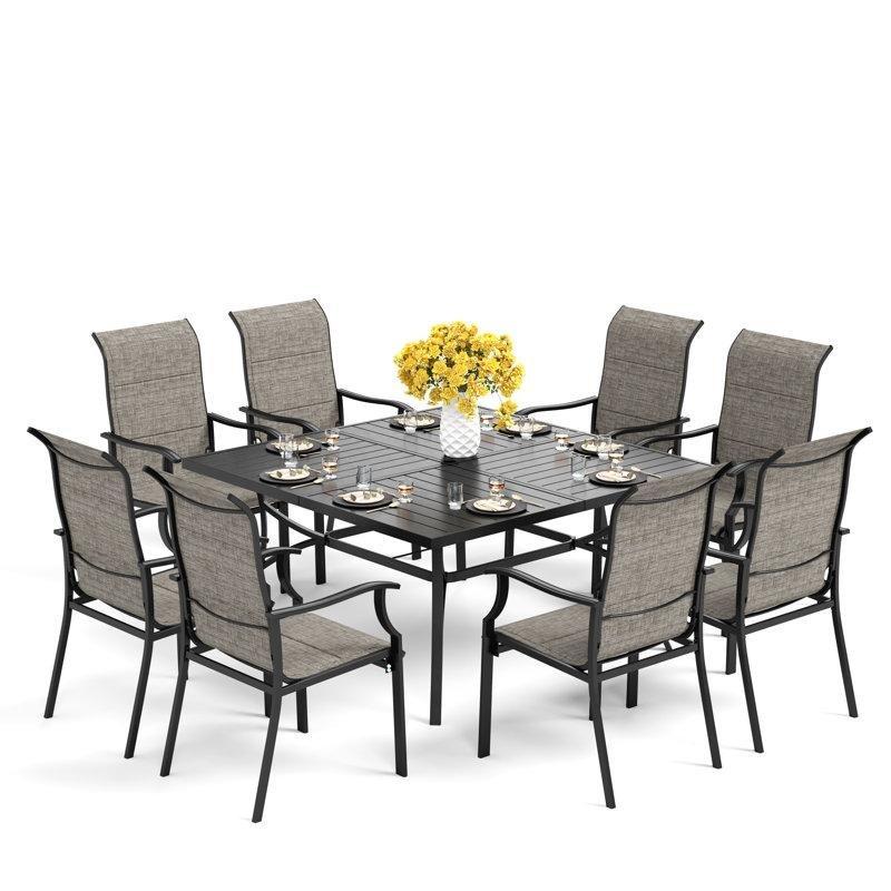 Siyah Metal 8 Kişilik Kare Şemsiye Delikli Minderli Bahçe Masa Takımı - 153x153 cm - 216164