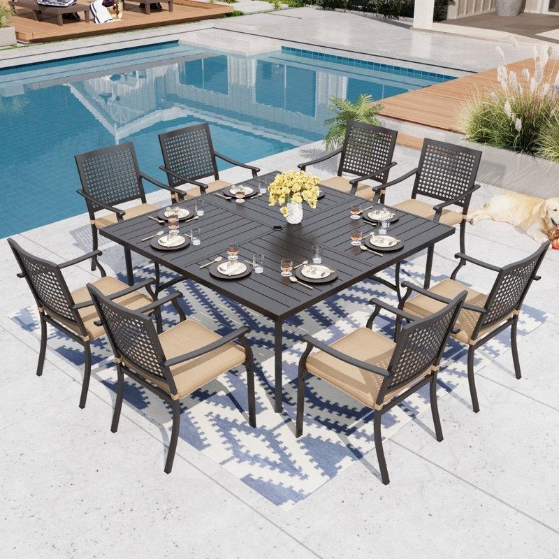 Siyah Metal 8 Kişilik Minderli ve İstiflenebilir Bahçe Masa Takımı - 153x100 cm - 216288