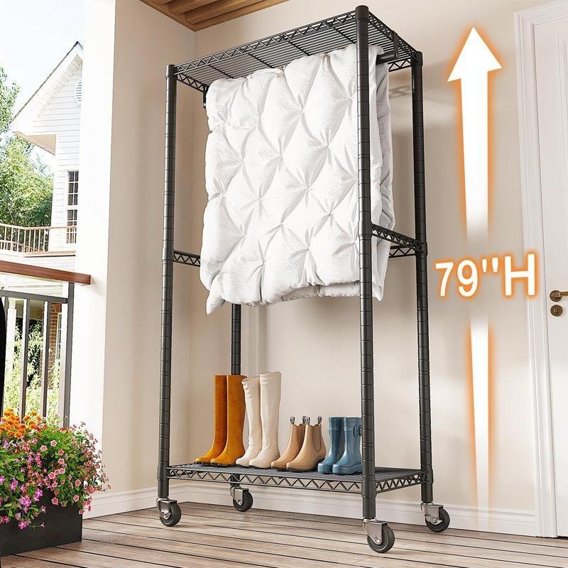 Siyah Metal Ağır Hizmet Tipi Tekerlekli ve Ayarlanabilir Raflı Ayaklı Askılık - 201 cm - 165418