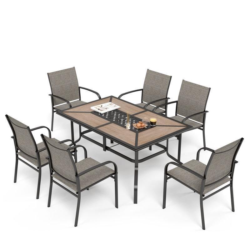 Siyah Metal Ahşap Görünümlü Şemsiye Delikli 6 Kişilik Dikdörtgen Bahçe Masa Takımı - 156x97 cm - 215917