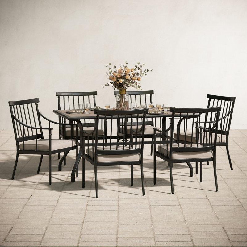 Siyah Metal Ahşap Görünümlü Şemsiye Delikli 6 Kişilik Minderli Bahçe Masa Takımı - 166x94 cm - 215311