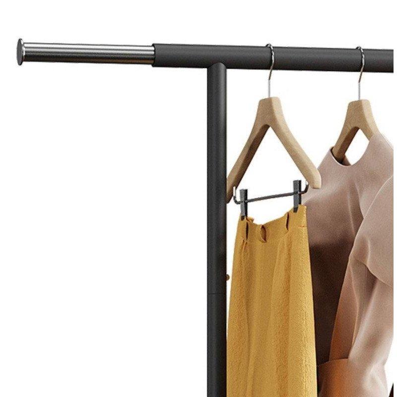 Siyah Metal Ahşap Raflı Askılı İki Bölmeli Tekerlekli Kirli Çamaşır Sepeti - 75x33x177 cm - 187600