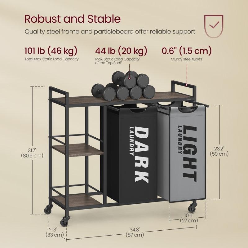 Siyah Metal Ahşap Raflı Tekerlekli İki Bölmeli Çamaşır Sepeti - 88x34x81 cm - 187789