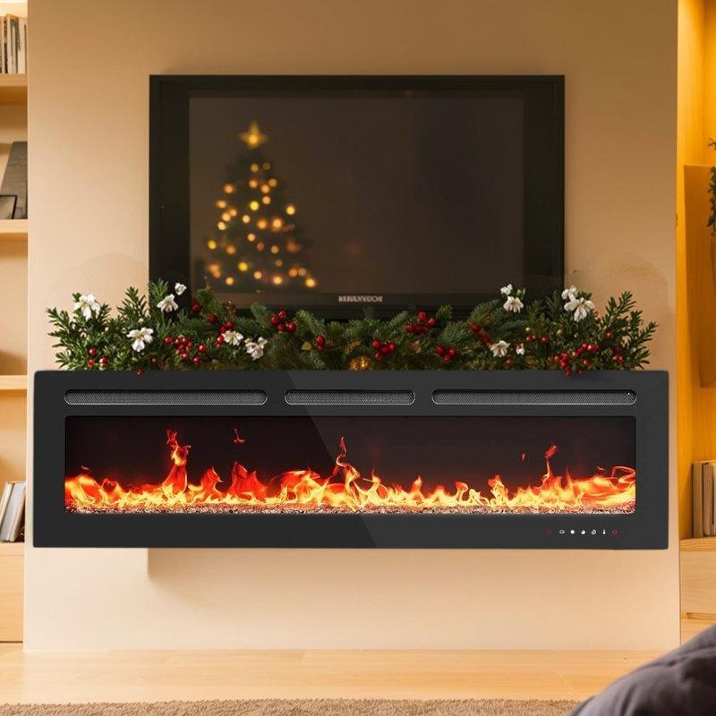 Siyah Metal Akıllı Kontrollü Duvara Monte Gömme Tip Elektrikli Şömine - 127 cm - 184187