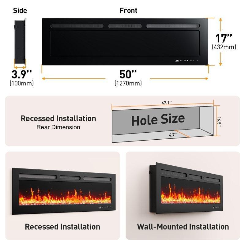 Siyah Metal Akıllı Kontrollü Duvara Monte Gömme Tip Elektrikli Şömine - 127 cm - 184187