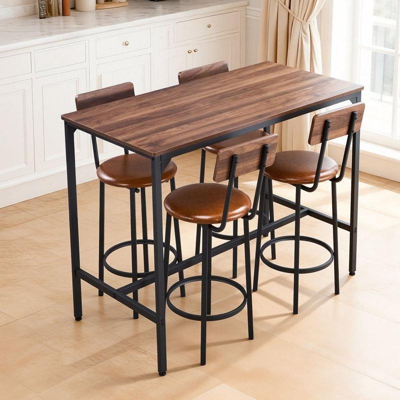 Siyah Metal Ayaklı Ceviz Rengi 4 Tabureli Dikdörtgen Bar Masası Seti - 120x60x92 cm - 231964