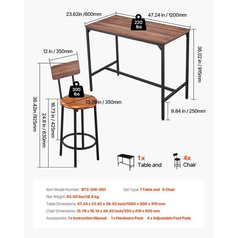 Siyah Metal Ayaklı Ceviz Rengi 4 Tabureli Dikdörtgen Bar Masası Seti - 120x60x92 cm - 231964