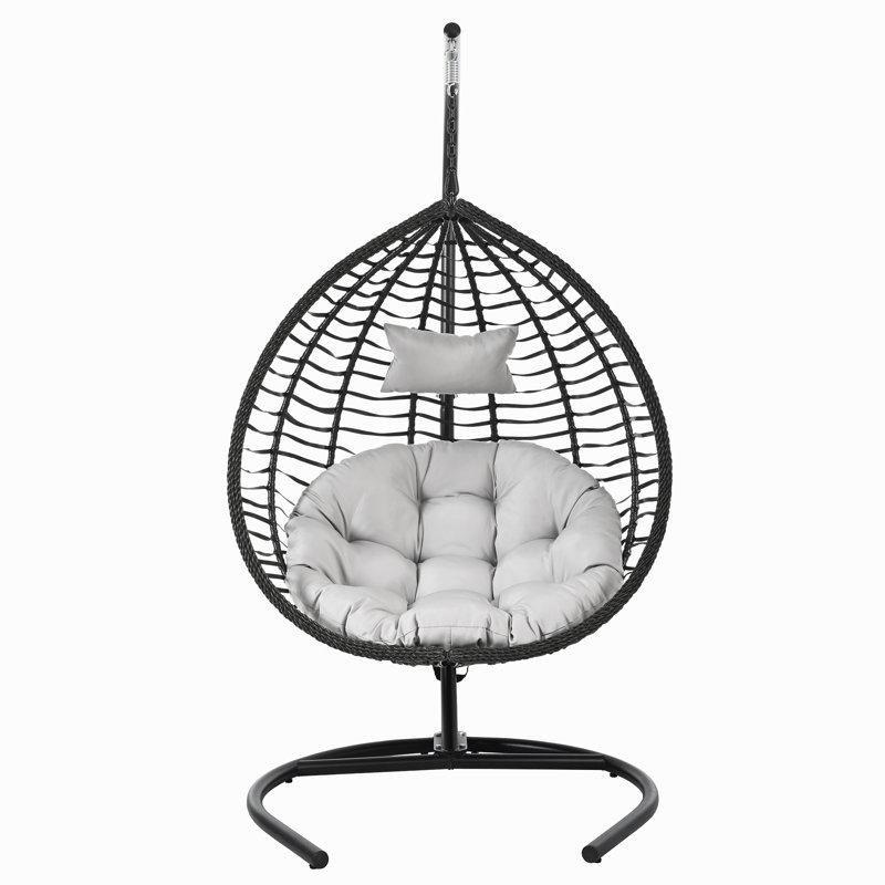 Siyah Metal Ayaklı Gri Minderli PE Rattan Hasır Tek Kişilik Balkon Salıncağı - 174247