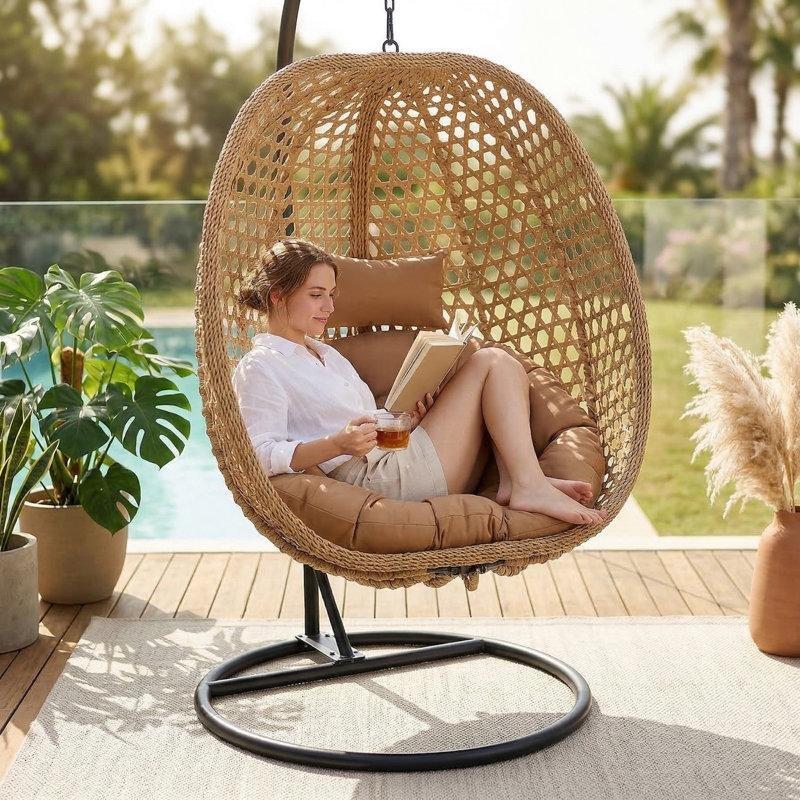Siyah Metal Ayaklı Hasır Damla Tasarım Tek Kişilik Balkon Salıncağı - 174323