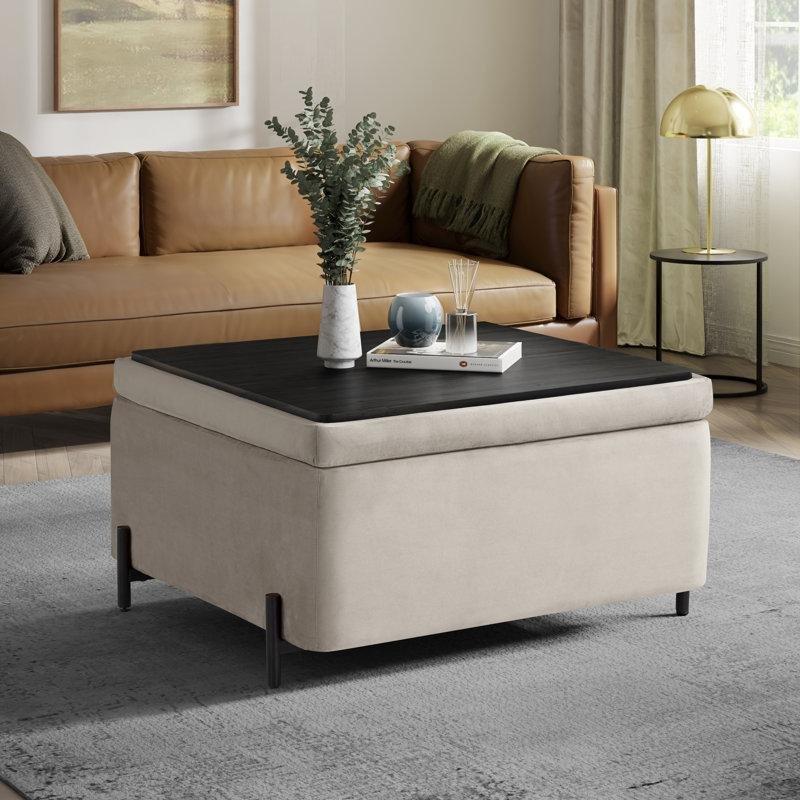 Siyah Metal Ayaklı Kadife Sandıklı ve Tepsili Puf - 79x79 cm - 164992