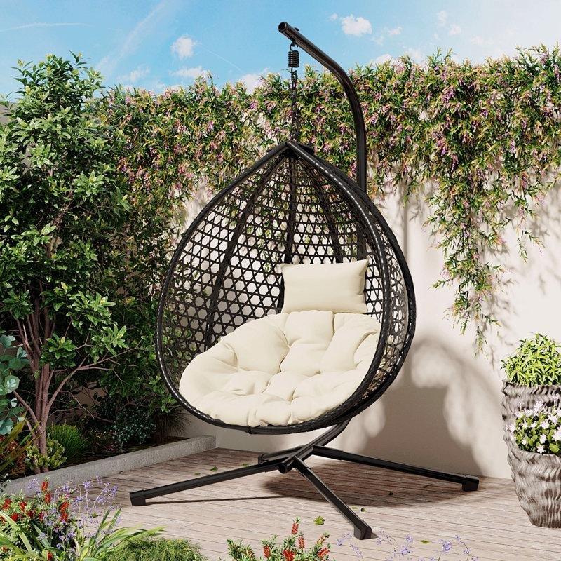 Siyah Metal Ayaklı Katlanabilir PE Rattan Balkon Salıncağı - 174211