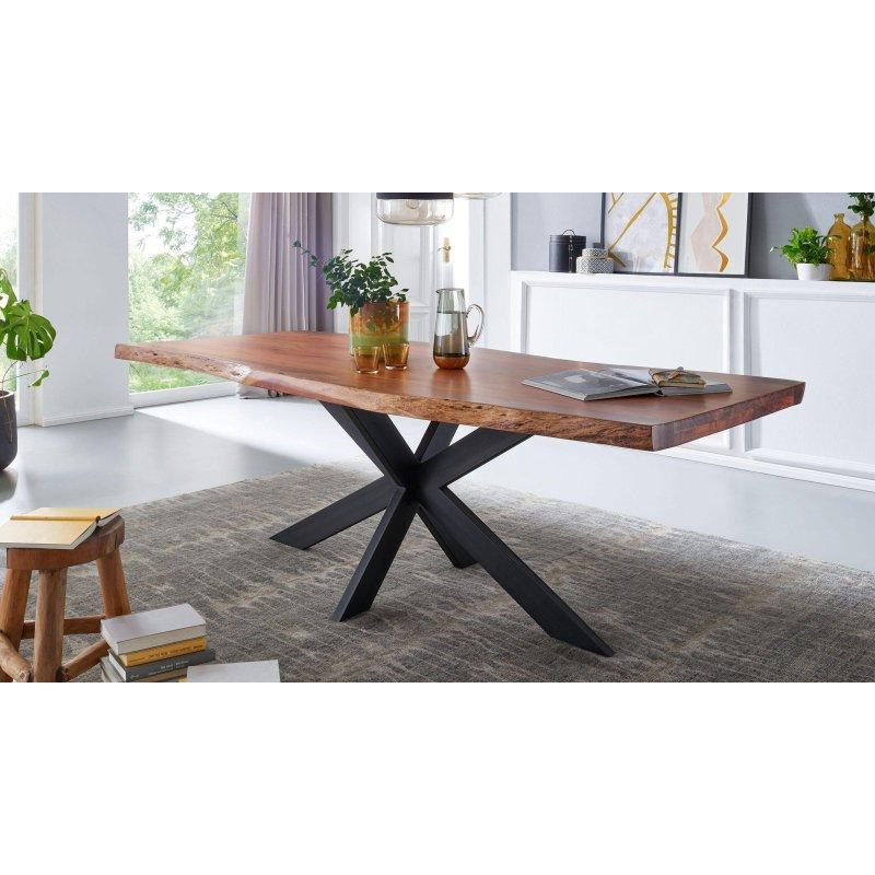 Siyah Metal Ayaklı Masif Akasya Doğal Kenarlı Bohem Yemek Masası - 140x80 cm - 236293