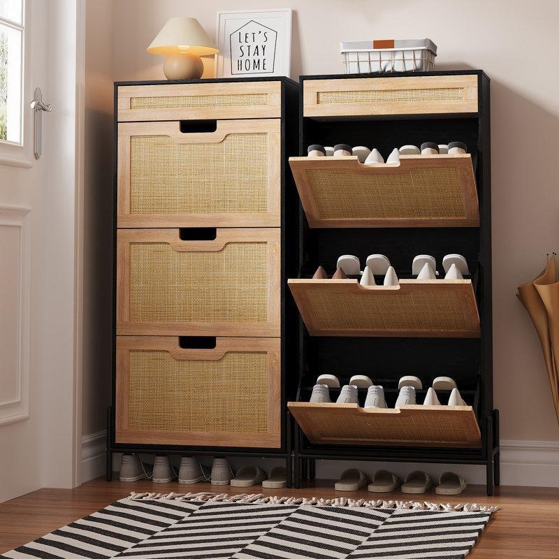 Siyah Metal Ayaklı Rattan Kapaklı Çekmeceli Düşer Kapak Ahşap Ayakkabılık - 227579
