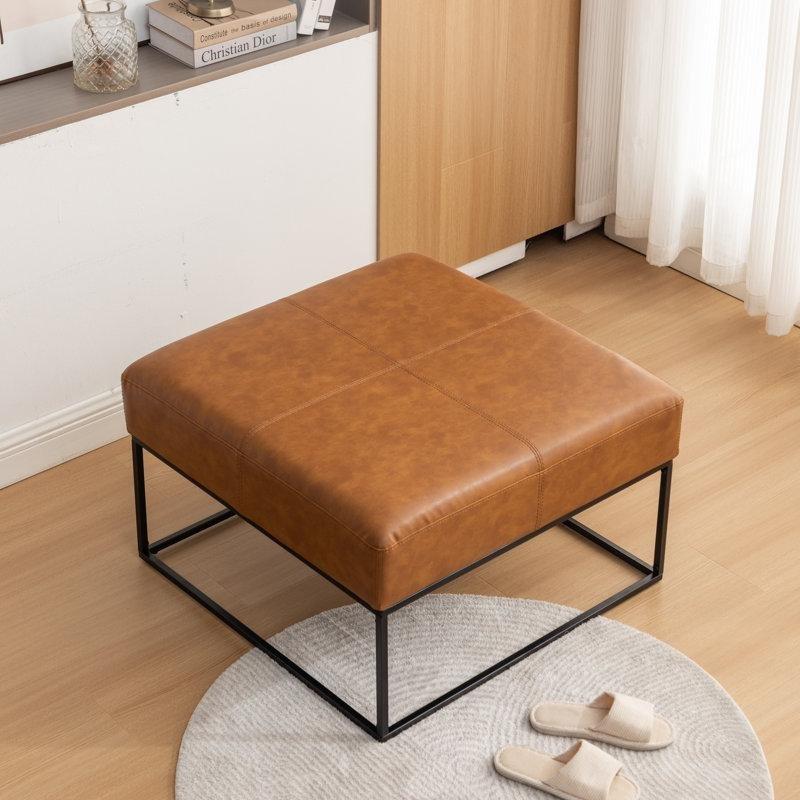 Siyah Metal Ayaklı Suni Deri Eskitilmiş Tasarım Kare Puf - 77x77 cm - 165187
