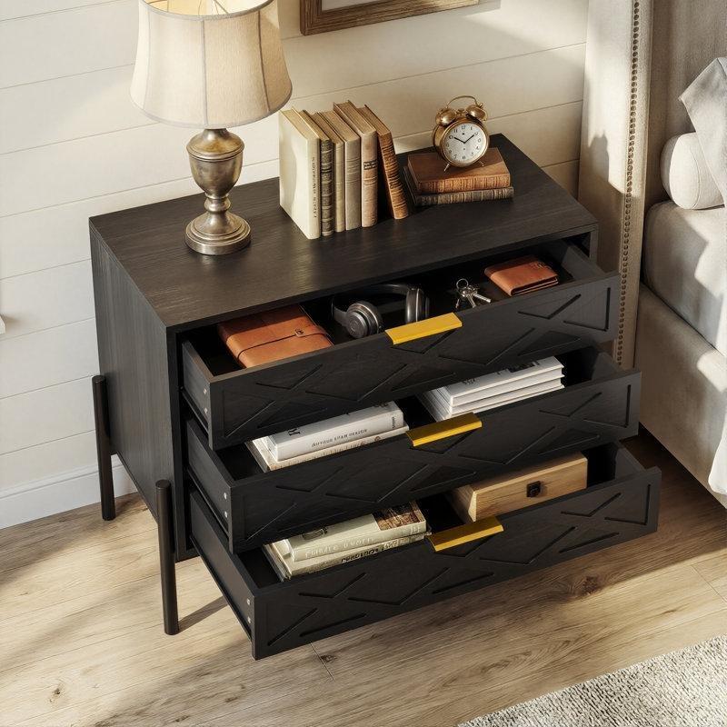 Siyah Metal Ayaklı Üç Çekmeceli Sunta Komodin - 80x39x60 cm - 224603