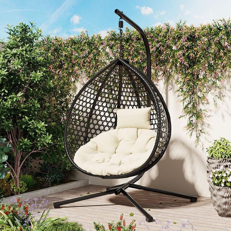 Siyah Metal Ayaklı ve Bej Minderli PE Rattan Tek Kişilik Balkon Salıncağı - 175053